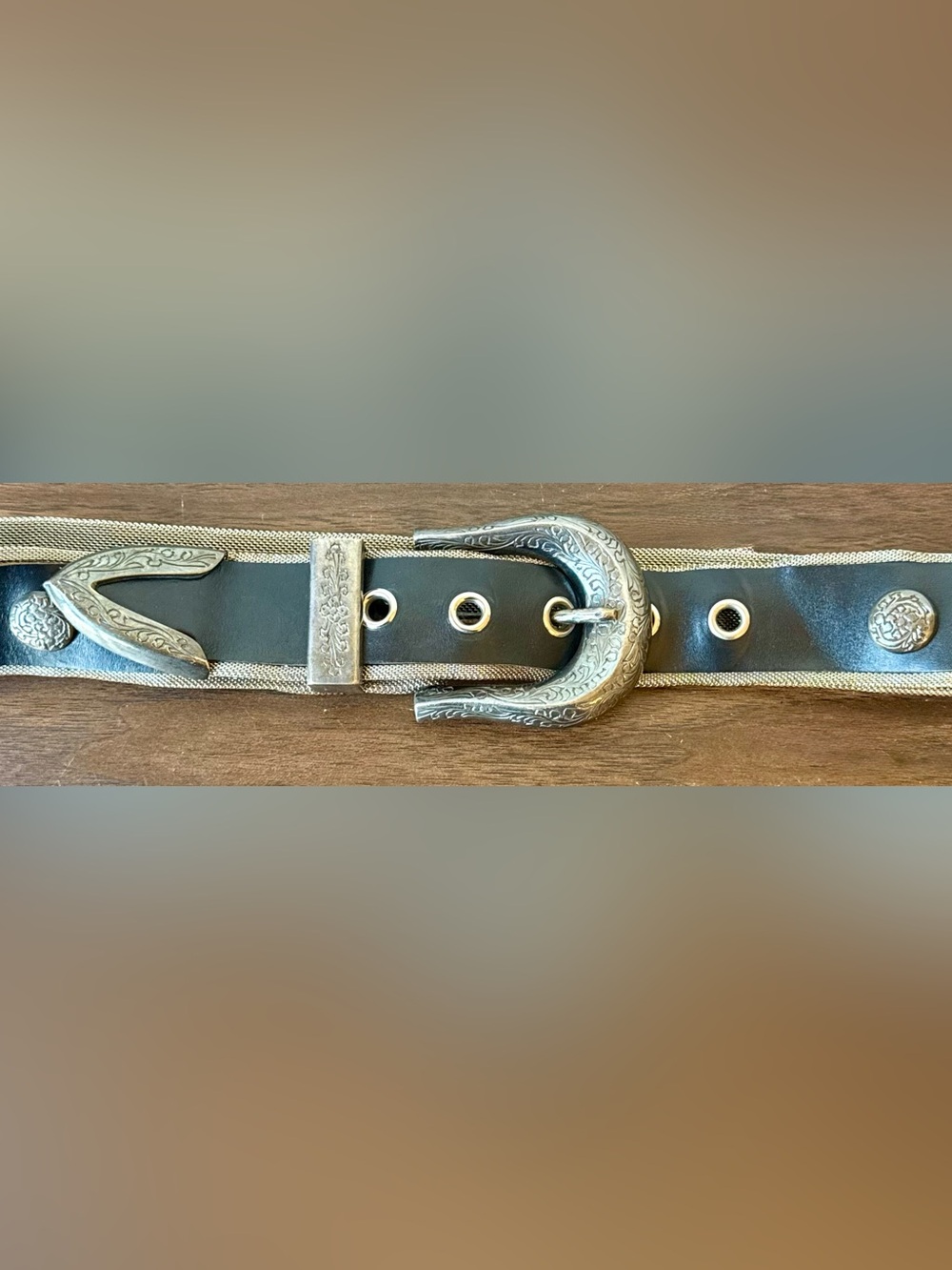 Women’s Black Leather Western-Style Belt with Ornate Silver Buckle